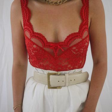 Vintage Red Lace Teddy Bodysuit - XS/S - Thong Bottom - Adjustable Straps 