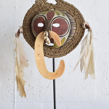 Tribal Mask, Seashell and Feather Decor, Boho Decor, Tribal Wall Art, Indonesian Mask 