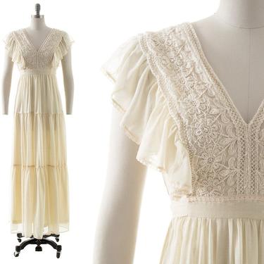 Vintage 1970s Maxi Dress | 70s Gunne Sax Style Cream Cotton Lace Ruffled Full Length Cottagecore Prairie Wedding Gown (small) 