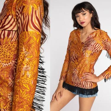 Fringe Leopard Shirt 70s Top Animal Print Blouse Graphic Zebra Shirt All Over Print Shirt Boho Jungle Print Safari Vintage Small S 