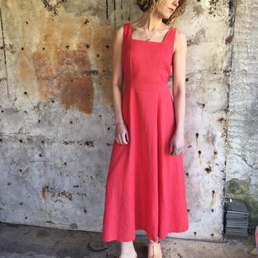 The Simple Life 1970s Red Linen Laura Ashley Maxi Dress 