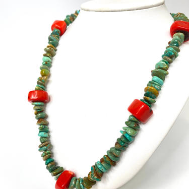 Vintage Artisan Royston Turquoise &amp; Coral Nugget Necklace Native American 36&amp;quot; 