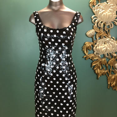 Victor costa dress, 1980s cocktail dress, Black and white sequin dress, vintage polkadot dress, size x small, lord &amp; taylor, New Year’s Eve 