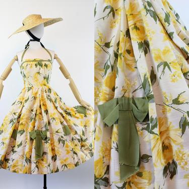 1950s Bullocks Wilshire YELLOW ROSE halter dress xs | new summer 