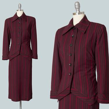 Vintage 1940s Suit | 40s Striped Red Black Tailored Blazer Jacket Pencil Skirt Set Pinstripe Suit (small) 