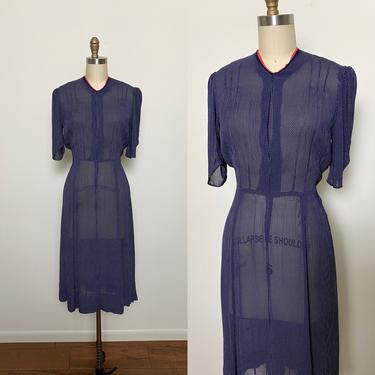 Vintage 1930s Dress 30s Polka Dot Sheer Day Dress Blue and White 