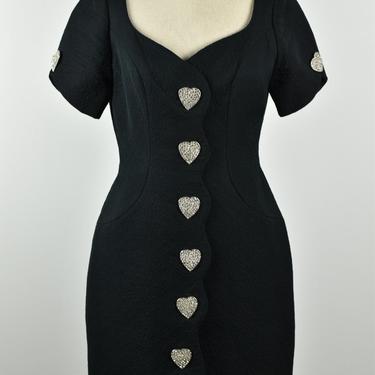 1980’s | Bob Mackie | Black Short Sleeve Quilted Dress with Rhinestone Heart Buttons 