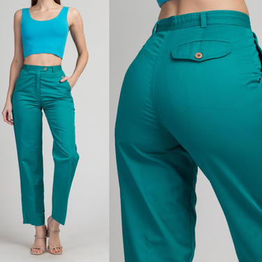 Vintage High Waist Teal Trousers - Small, 26&amp;quot; | 80s Plain Tapered Leg Western Button Pocket Pants 
