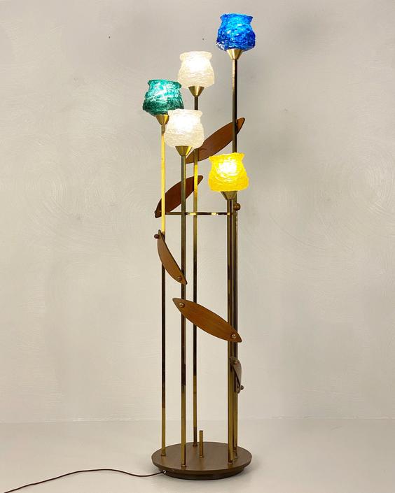 Large Mid Century 3-Way Brass and Walnut Floor Lamp, Circa 1950s - *Please ask for a shipping quote before you buy. 