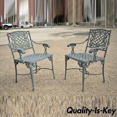 Pair French Neoclassical Green Cast Iron Lattice Garden Patio Dining Arm Chairs