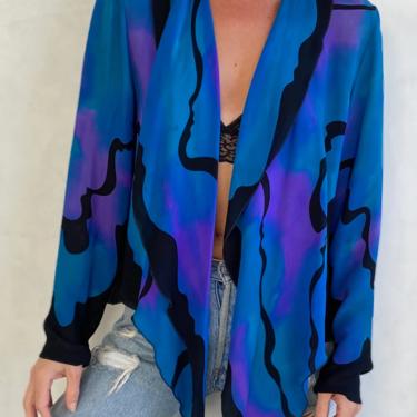 Vintage LOUISE BLUMBERG Handpainted Pure Silk Kimono Wrap Top - Designer Turquoise Purple Black Shrug - Free size 