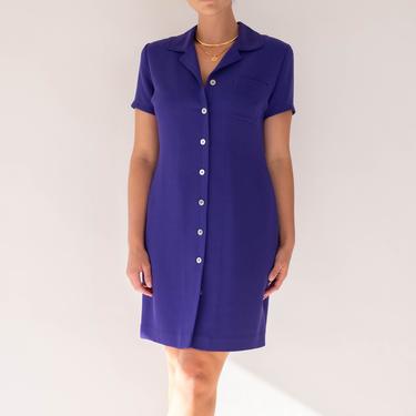 Vintage 90s Jones New York Purple Button Up Dress w/ Silver Buttons & Broad Shoulders | Bohemian, Shirt Dress | 1990s Designer Boho Dress 