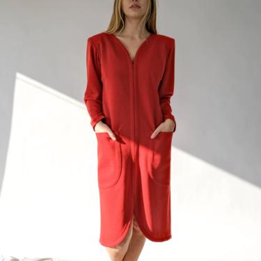Vintage 80s Yves Saint Laurent Rive Gauche Red Broad Shoulder Wool Dress w/ Zip Front & Pockets | Made in France | 1980s YSL Designer Dress 