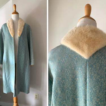Vintage 1950s Light Tiffany Blue Brocade Wool Coat with White Mink Collar | Size Medium 