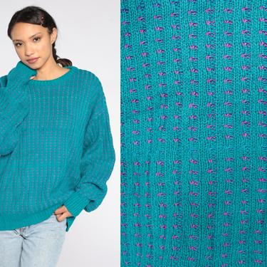 Turquoise Cotton Sweater Textured Dotted Line Print 90s Knit Jumper Blue Striped Sweater Vintage Pullover 1990s Men's Large L 