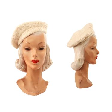 1960s Ivory White Knit Beret - 1960s Knit Hat - 1960s White Beret - Vintage White Knit Beret - Vintage Knit Hat - Vintage Beret - 60s Beret 