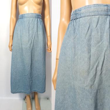 Vintage 70s Denim Light Wash Beat Up Faded High Waist Side Slits A Line Workwear Elastic Waist Midi Skirt Size XS 