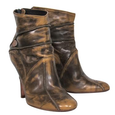 Christian Dior - Brown Leather Marbled Heel Ankle Booties w/ Stitching Details Sz 6.5