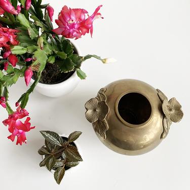 Vintage Brass Squat Vase with Floral Accents