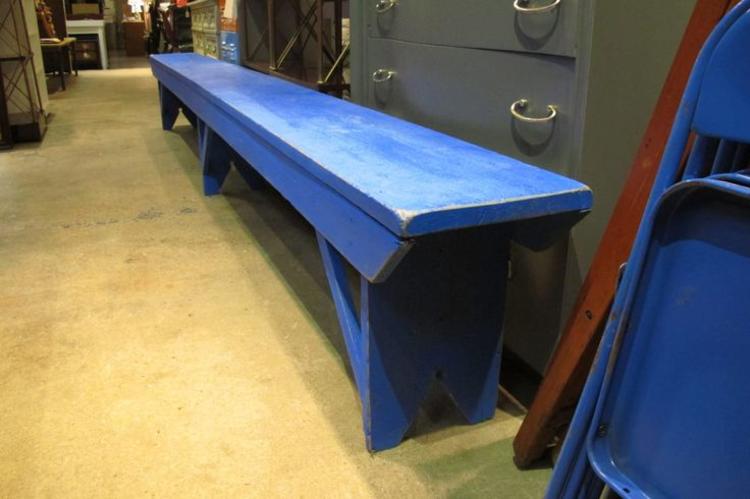 Blue painted wood bench. 12ft long. $295