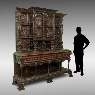 Antique Cupboard, Stepback Early Carved Figural Panels Cabinet, Gorgeous!