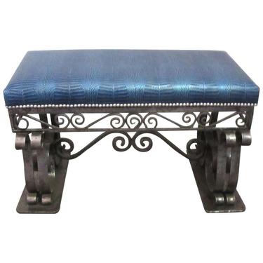 French Art Deco Iron Bench with Faux Alligator Blue Leather Upholstery