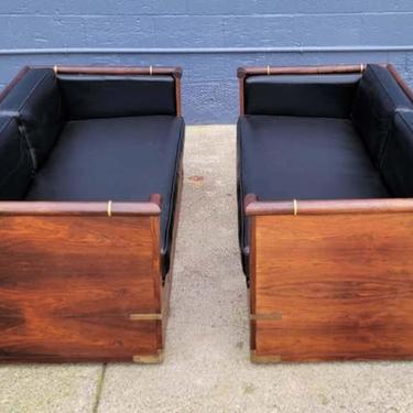 Pair of Campaign Rosewood Sofas / Loveseats by Marge Carson 
