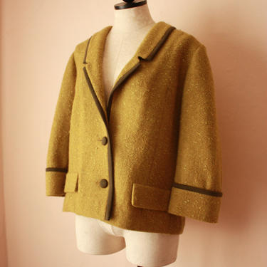 60s 70s Chartreuse Green Boucle Wool and Llama Blend Blazer Suit Jacket Size L 