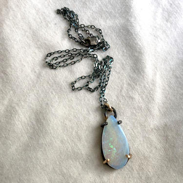 Australian Tear Drop Opal in Handmade Oxidized Black Sterling Silver and 14k Yellow Gold Prong Pendant 