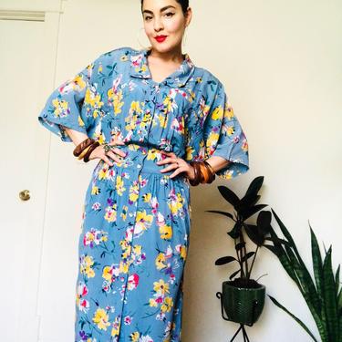 1980s does 1950s floral rayon vibrant blousey shirt dress 