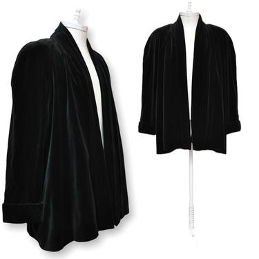 Vintage Black Velvet Swing Coat Open Front Womens Size L 100% Cotton 