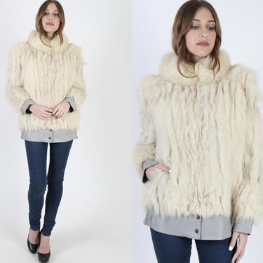 Vintage 80s SAGA Arctic Fox Fur Coat Leather Cuffs And Waistband Design Striped Apres Ski Large Collar Shaggy Womens Plush Jacket 