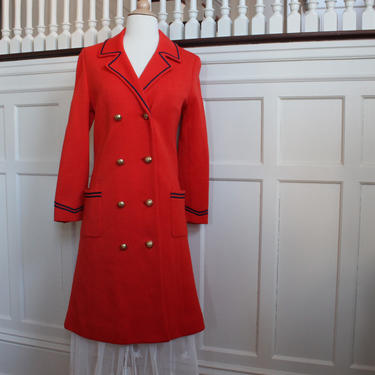Vintage 60s 70s Butte Knit Red & Navy Military Style Coat Women's Size XS S 