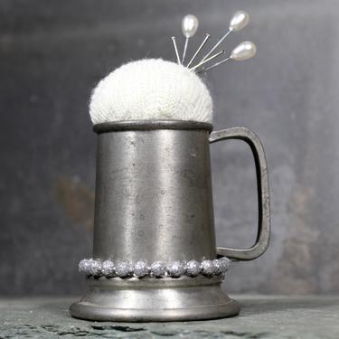 Beer Stein Pin Cushion - Upcycled Vintage, Miniature Pewter Beer Stein Turned Pin Cushion - Handmade  | FREE SHIPPING 