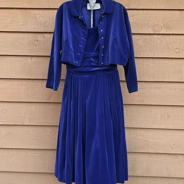 1950s Jonathan Logan Purplish Blue Velvet Dress + Bolero 