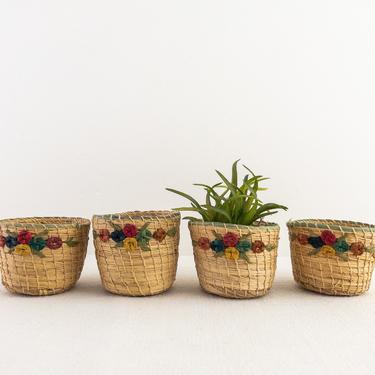 Set of 4 Woven Raffia Cup Holders, Small Straw Basket Cups 
