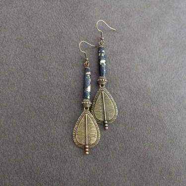 Long green bone earrings, bold statement earrings, tribal earrings, horn earrings, Art Deco earrings, etched bronze, ethnic earrings 
