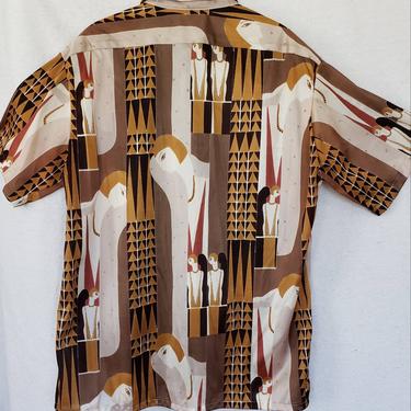 1970s Mens Disco Shirt Art Deco Novelty Poly Print /70s Button Down Short Sleeve Shirt Flappers Black Brown Ivory Graphic David Harrison XL 