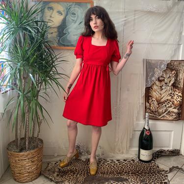 70's BRIGHT RED DRESS - short puff sleeves - ties at the empire waist - a-line skirt - small/medium 