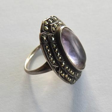 Deco Uncas Sterling Ring Marcasites and Lavender Stone 