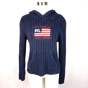 Ralph Lauren Polo Flag Logo Hooded Sweater XL, 90s Y2k Vintage Pullover Knit Hoodie Sweater 