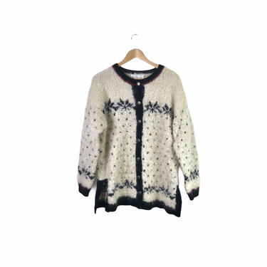 Vintage Mohair Wool Blend Snowflake Cardigan Sweater, Size Small 