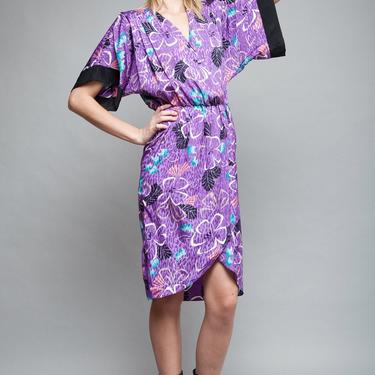 vintage 80s dress kimono sleeves purple printed satin ONE SIZE S M L small medium large wrap dress damask 
