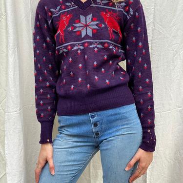 1940's Christmas Sweater / Reindeer & Snowflake Knit Top / Christmas Wonderland Top / Red Sweater / Navy Blue Hunter Green 