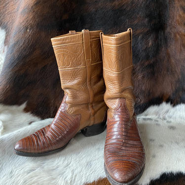 Vtg 80s Lucchese Handmade Caramel Brown Lizard Leather Supple Cowboy Boots  / Western Ranchwear Reptile / Size 10 Mens / Size 11 Womens 