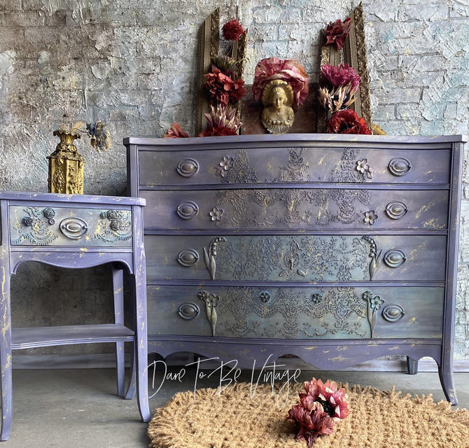 Hand Painted Custom Antique Chest of Drawers Eclectic Custom Furniture Boho Dresser with Mirror
