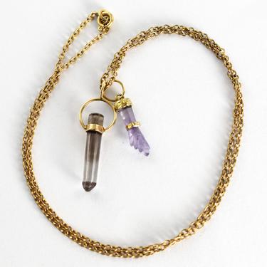 70&#39;s 12K GF amethyst figa hand & mystic column good luck pendants, gold filled metal purple stones boho hippie necklace 