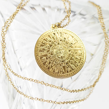 Vintage 24KT Gold Electroplated Sterling Mayan Sun Calendar Pendant Necklace, Double-Sided Aztec Sun God Medallion Pendant, 24&amp;quot; Cable Chain 