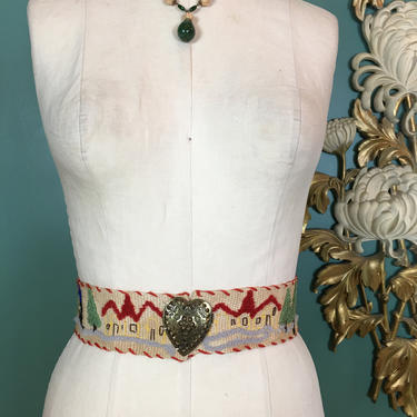 1940s Austrian belt, embroidered belt, vintage 40s belt, folkloric, novelty belt, skiing and mountains, heart buckle, Bavarian belt, fabric 