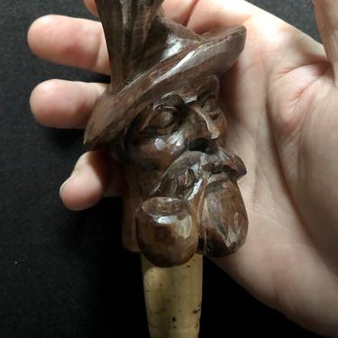Vintage Carved Wood Man with Pipe and Hat Bottle Stopper Wine Cork 4 7/8&quot;L 